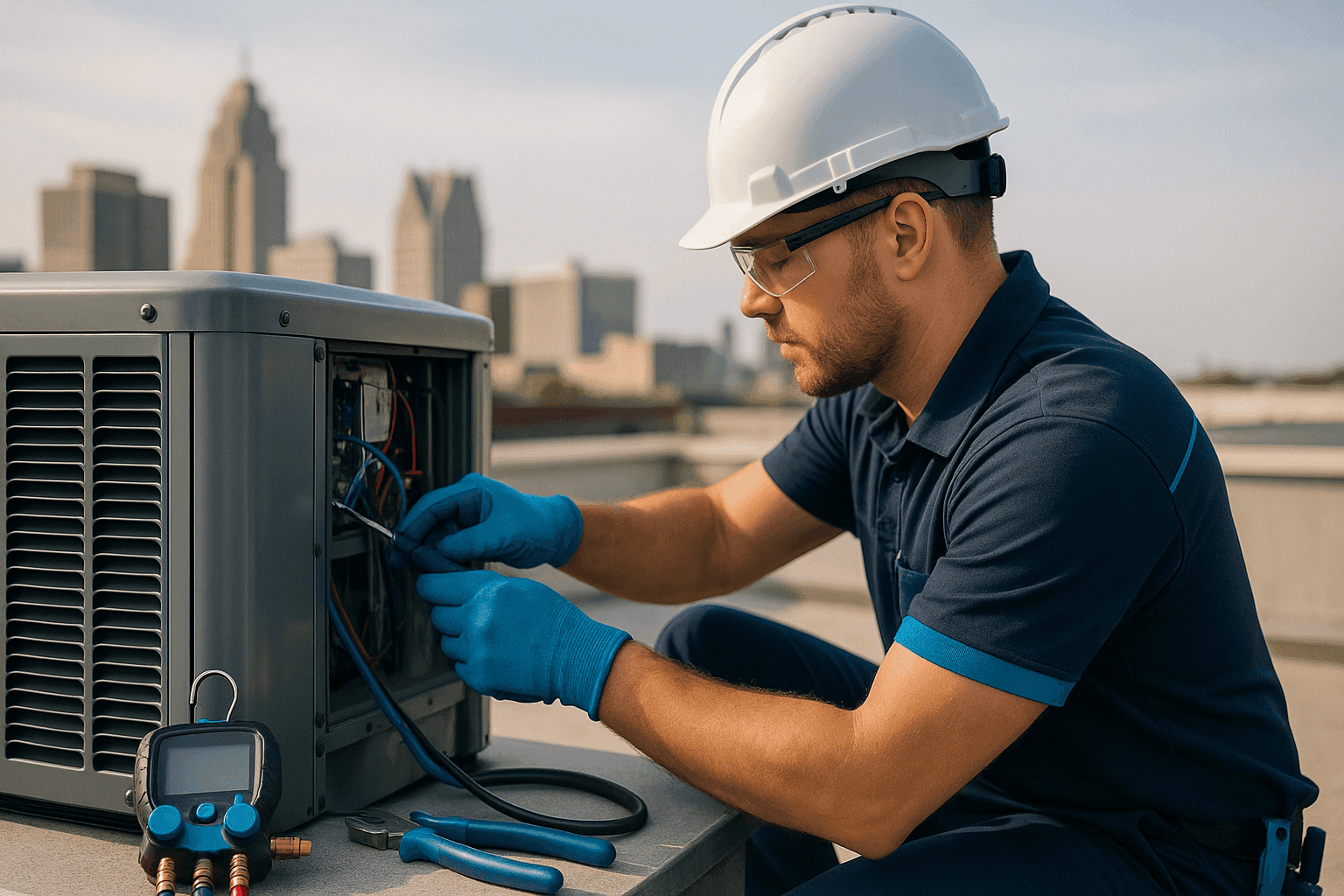 HVAC technician wearing safety gear working on rooftop unit with tools